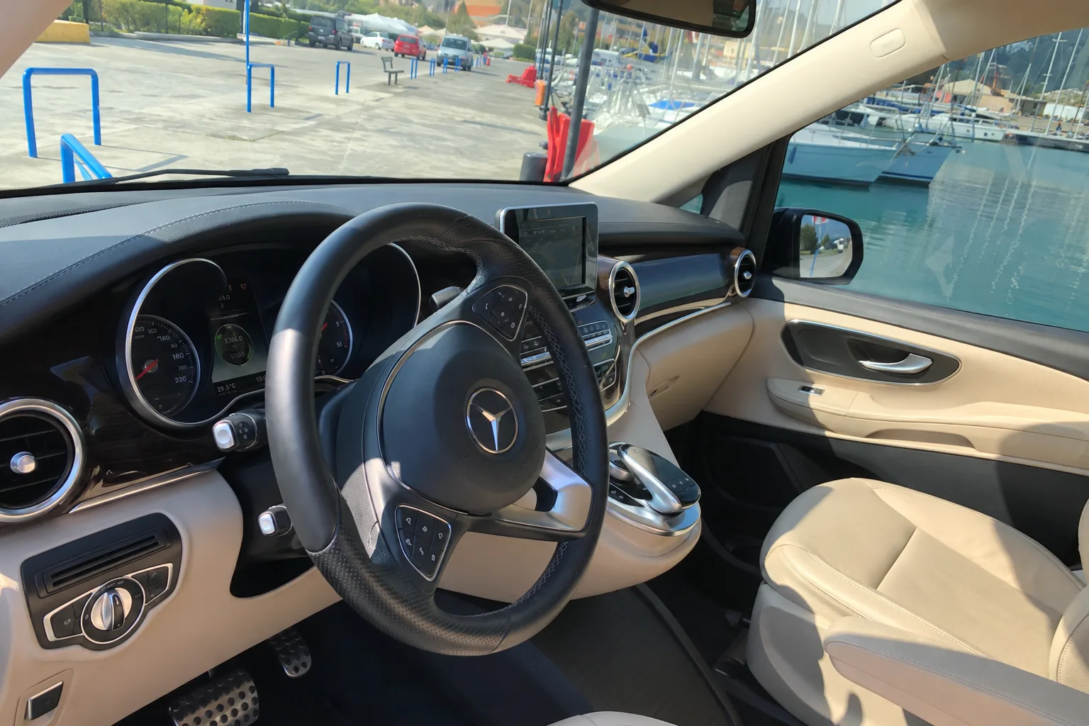 The V-Class driver's cabin, with the marina through the windscreen