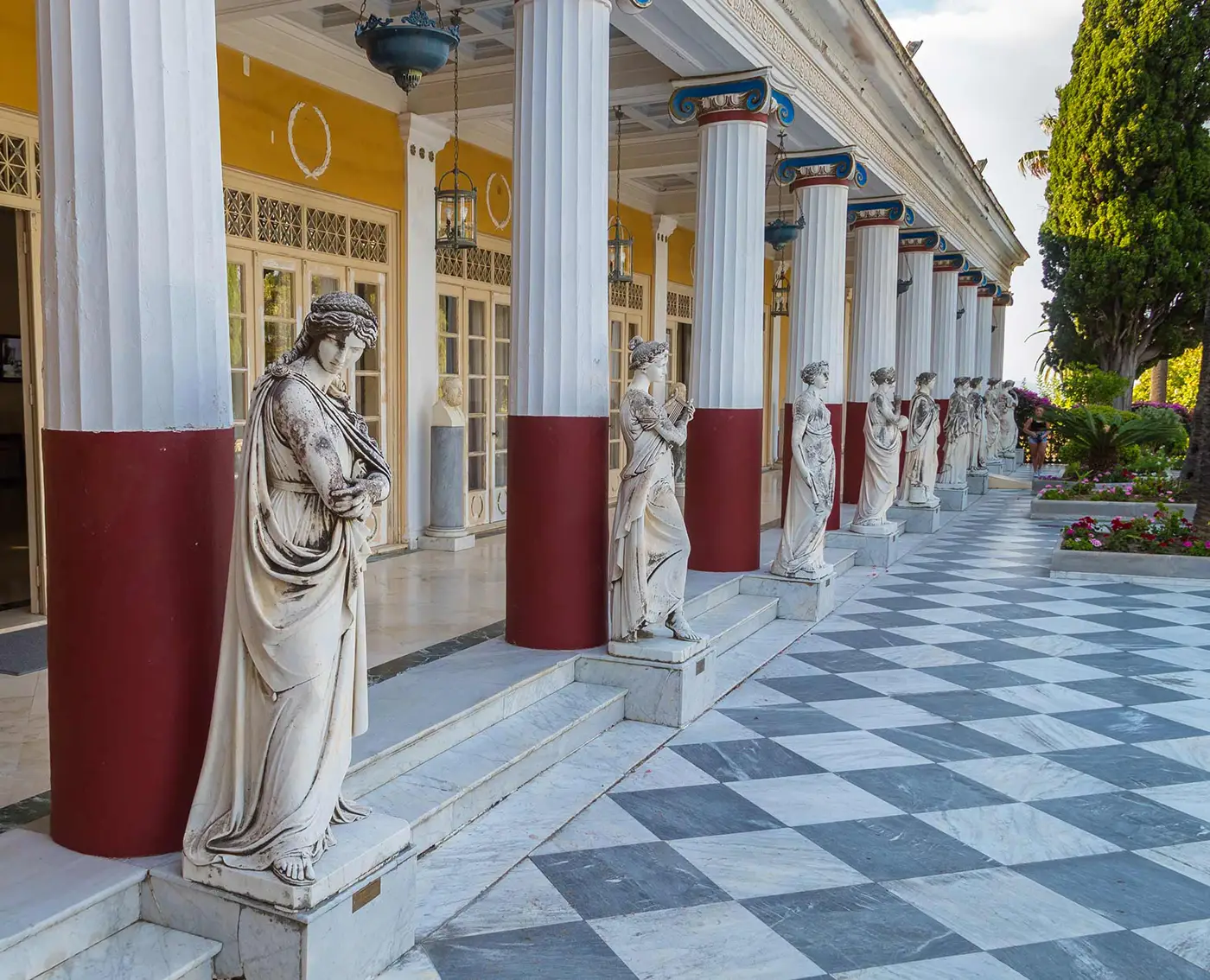 The colonnade and garden statuary of the Achilleion palace