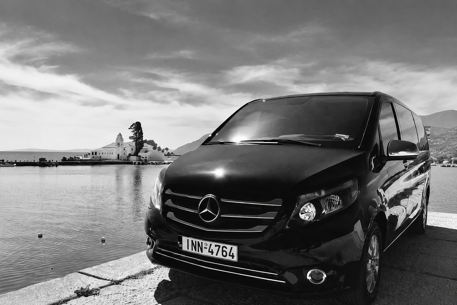 A Mercedes V-Class waiting at Corfu Airport for a private transfer